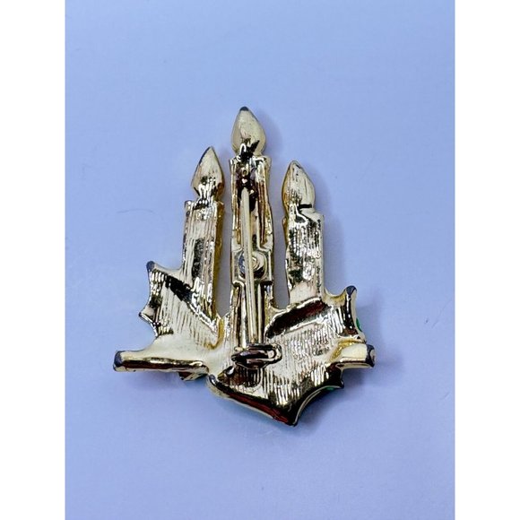 Christmas Candle Brooch Pin Vintage Jewelry Holly Triple Red Flames Holidays - Picture 5 of 5